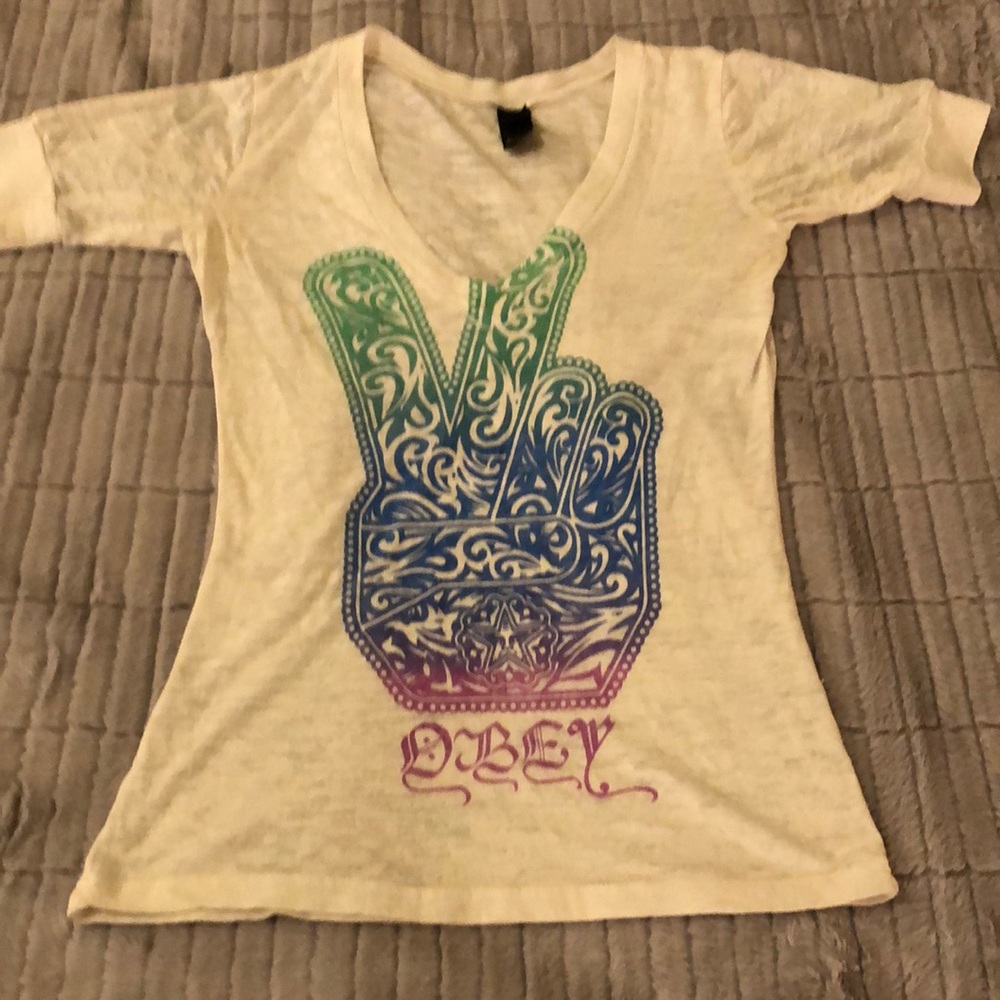 Obey light in sheer multicolored  T-shirt V-neck